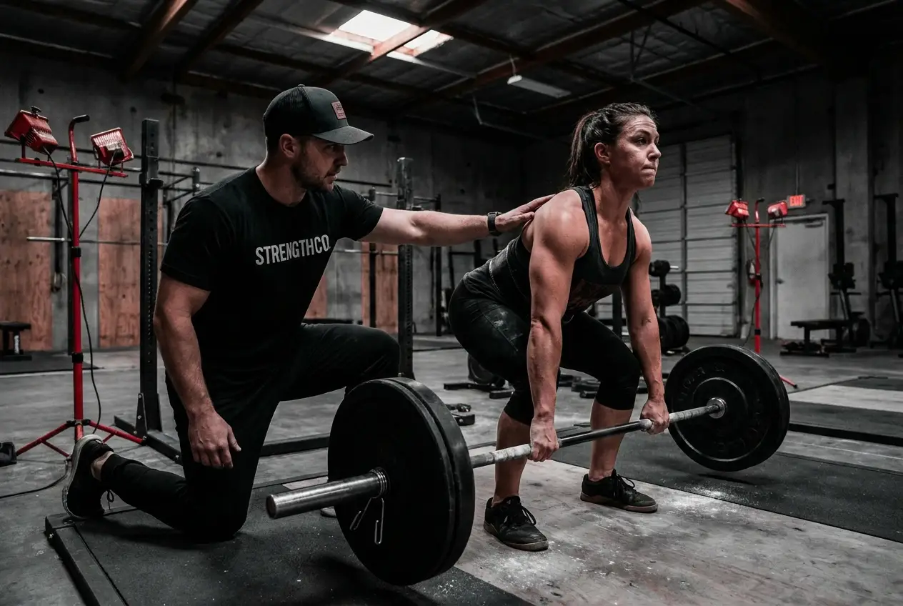 Coach working with an athlete on the deadlift